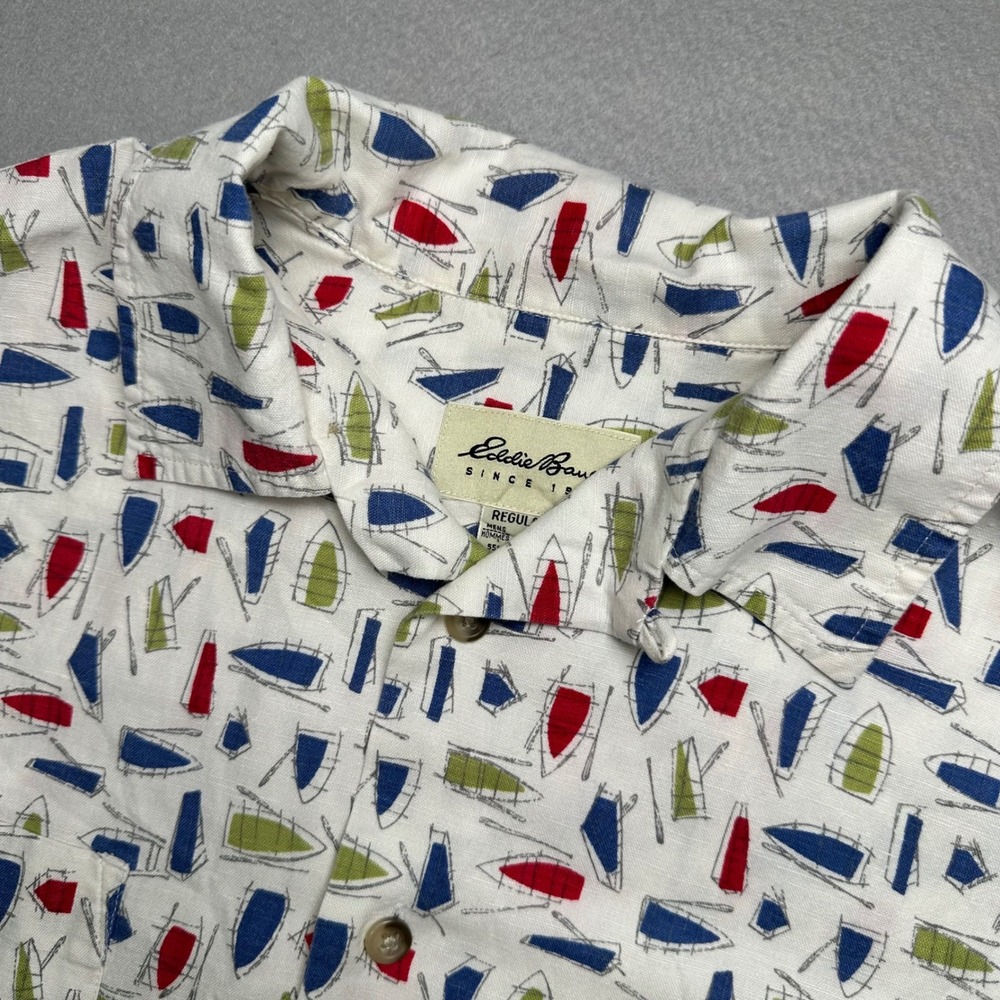 Eddie Bauer Button Up Shirt Mens Large White Sailboat Print Linen Blend SS